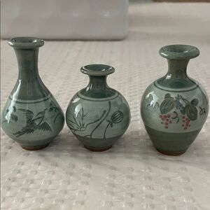 3 Miniature Green Ceramic Vase Set